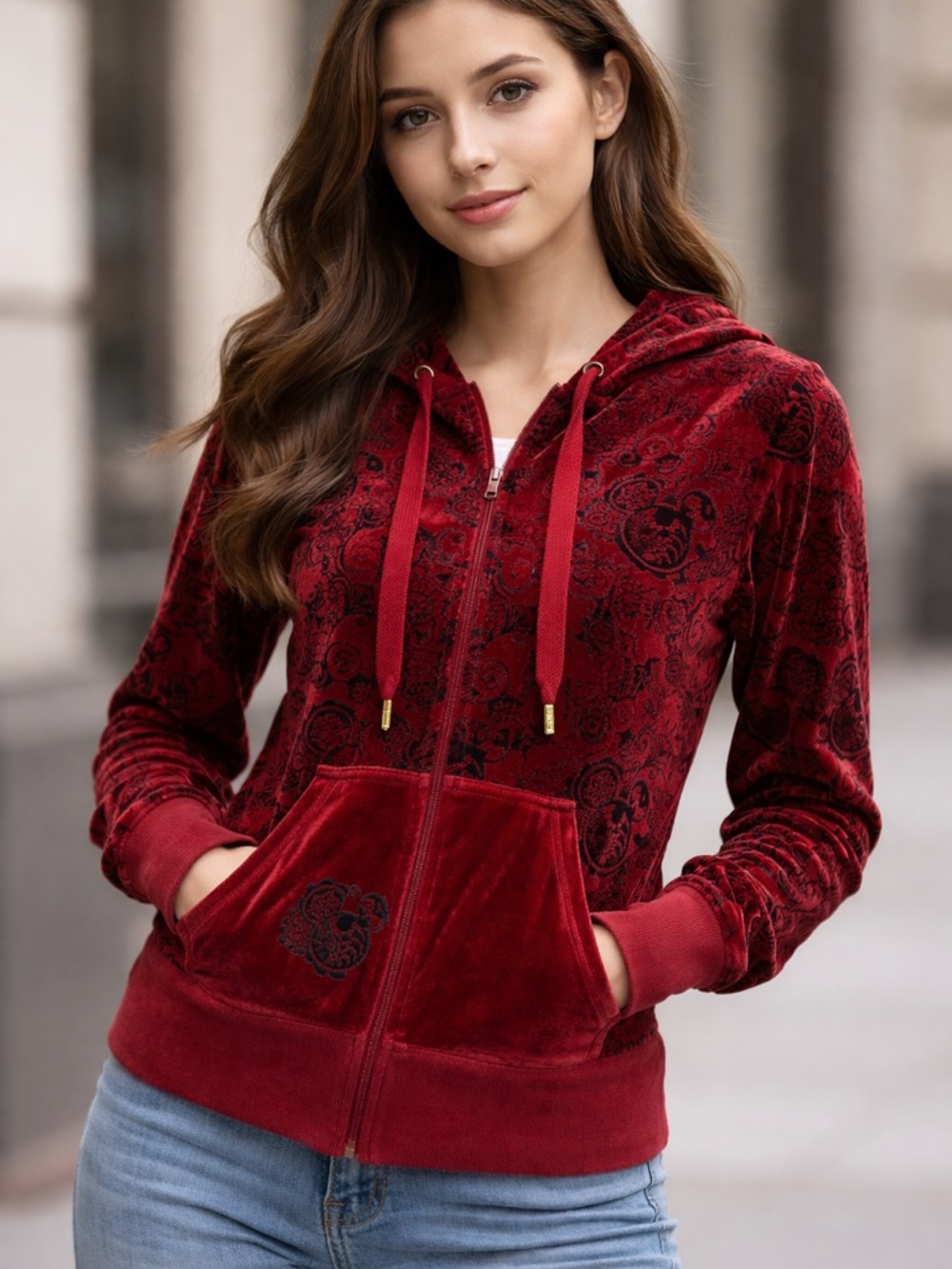Disney Hidden Mickey Burgundy Red Velour Zip Hoodie with Hood